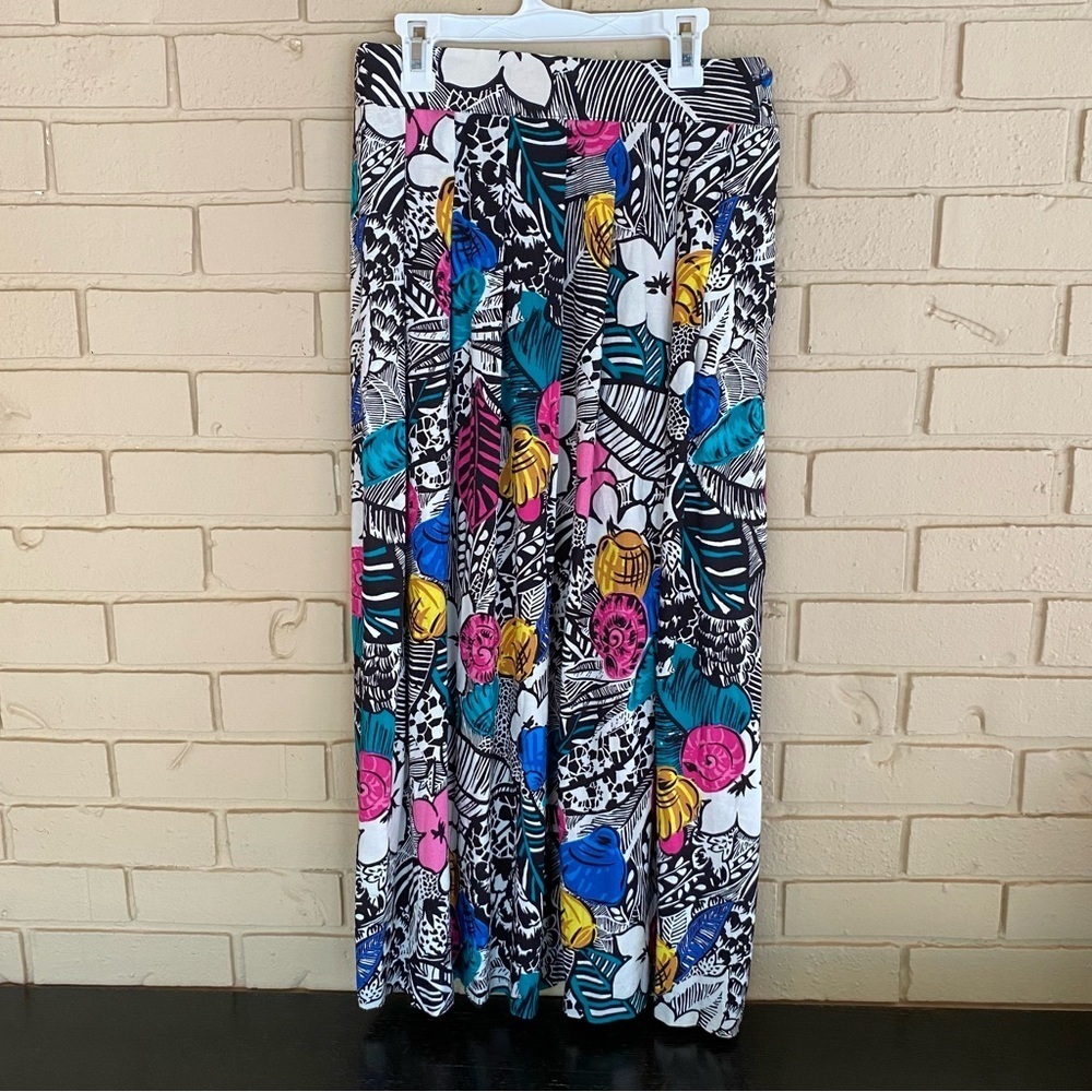 Vintage Floral Midi Skirt Sz 10 Bright 80s Elastic Waist Pleated Pockets Modern